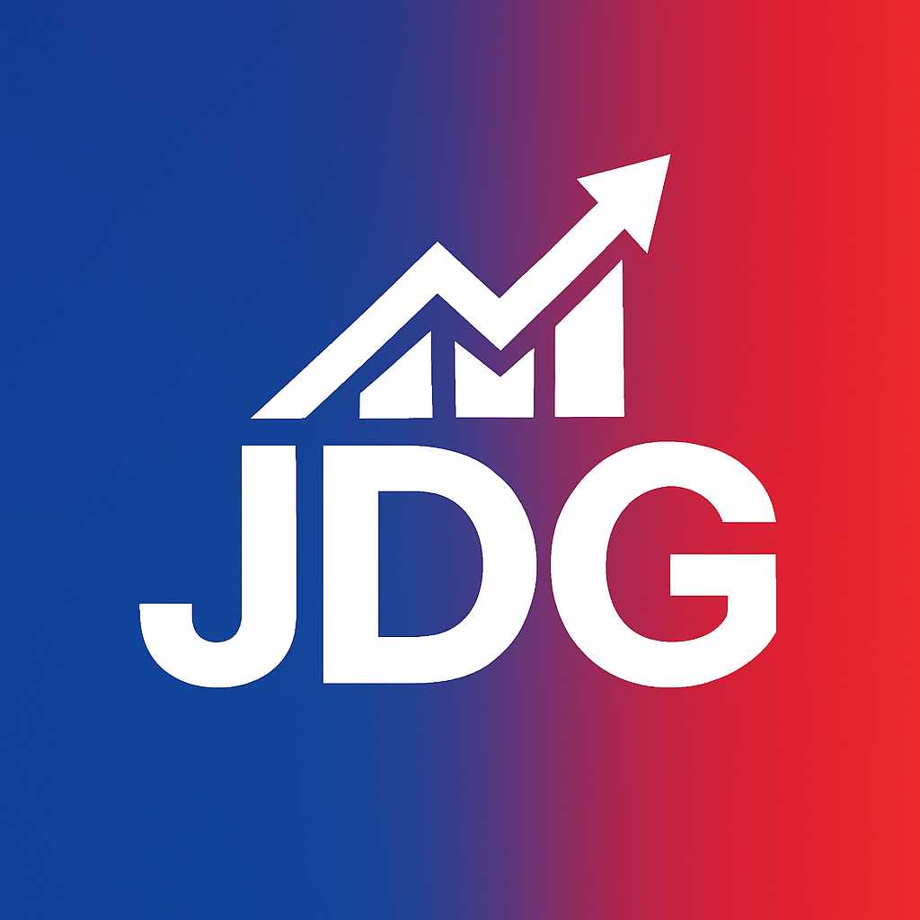The original JDG Marketing logo, a white JDG wordmark with a growth arrow on a blue and red field